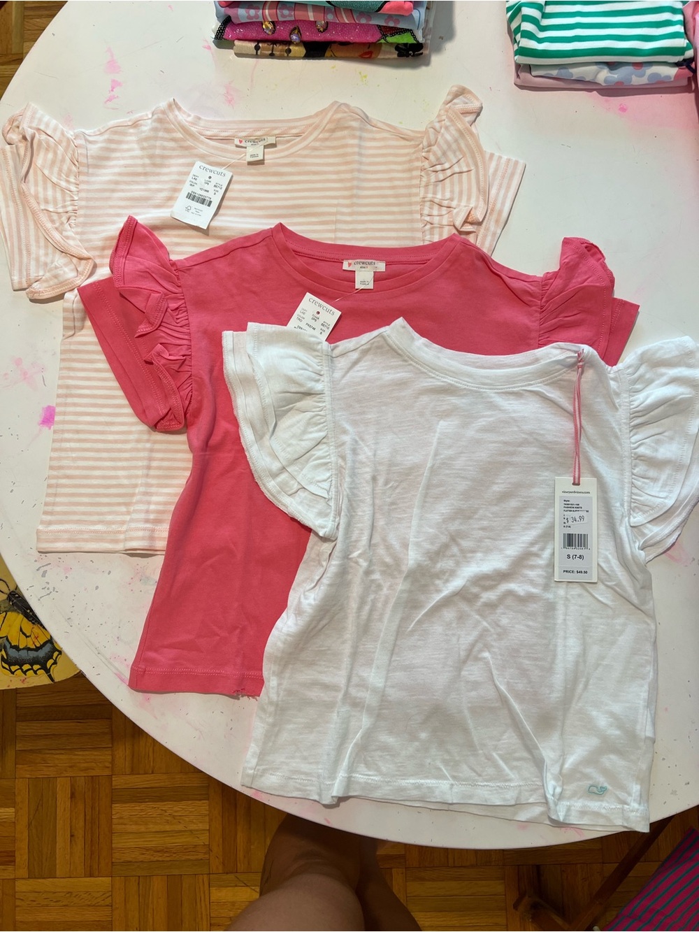 Crewcuts Girls Ruffle Sleeve Tees - White, Bright Pink & Light Pink Stripe